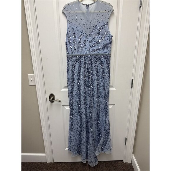 Mac Duggal Size 14 Blue 5619 Sequins  Beaded Illusion Neck Formal Gown 5619 Prom - Picture 13 of 16